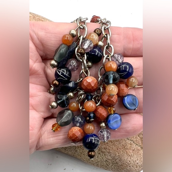 Handmade Sterling Silver Gold Stone Multi Stone Link Dangle Charm Bracelet 8" - Picture 3 of 4